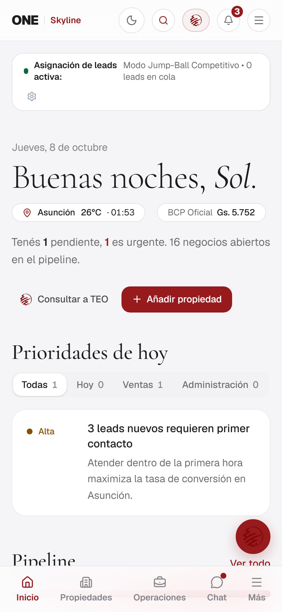 Panel de inicio de Skyline con prioridades del día y pipeline de negocios
